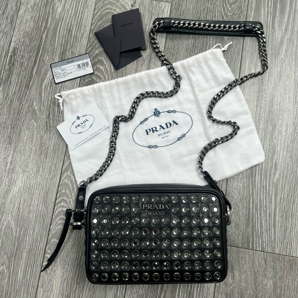 Prada Rhinestone Embellished Diagramme Quilted Camera Bag BLK Leather Cristal